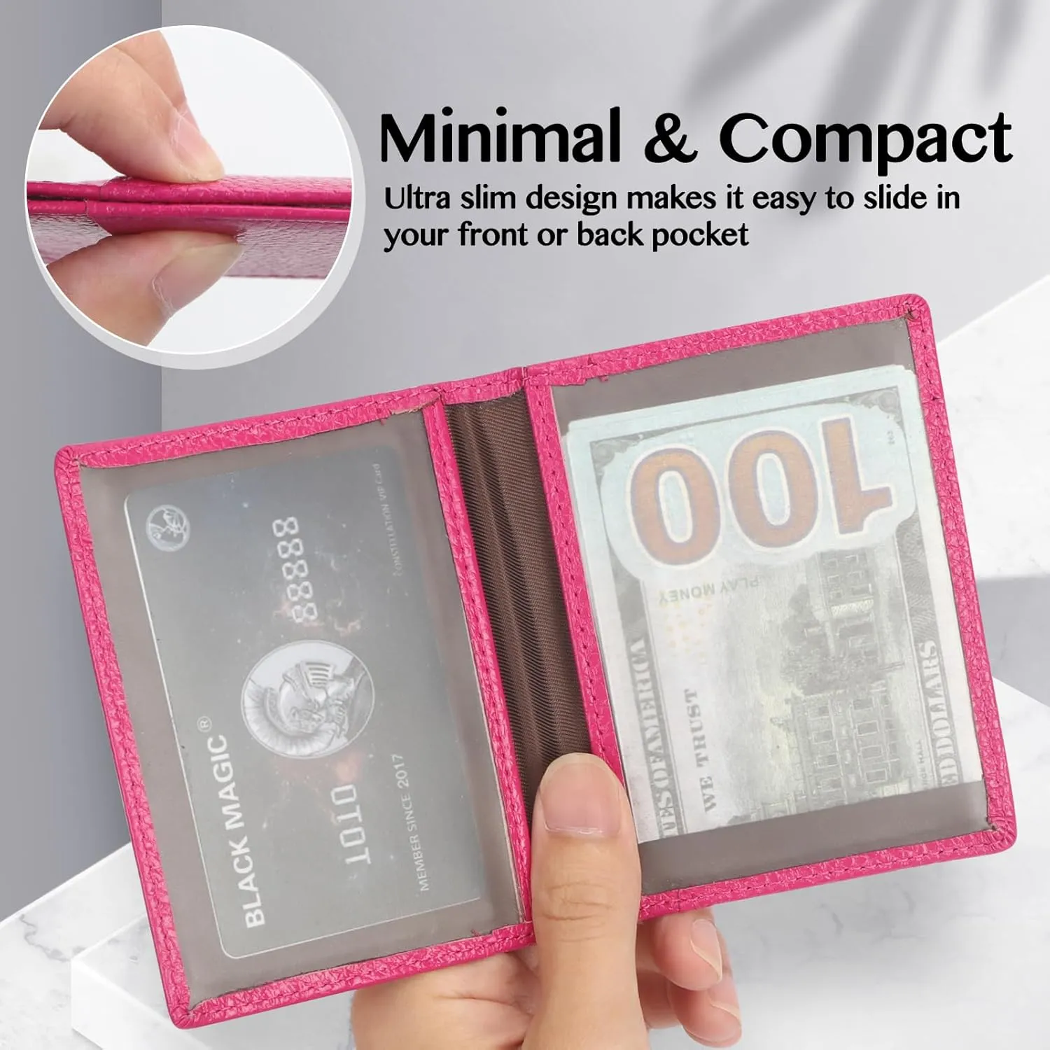 Unaone Slim Minimalist Wallet - Premium Leather RFID Blocking Front Pocket Wallets with 8 Card Slots and 2 ID Window, Rose Red