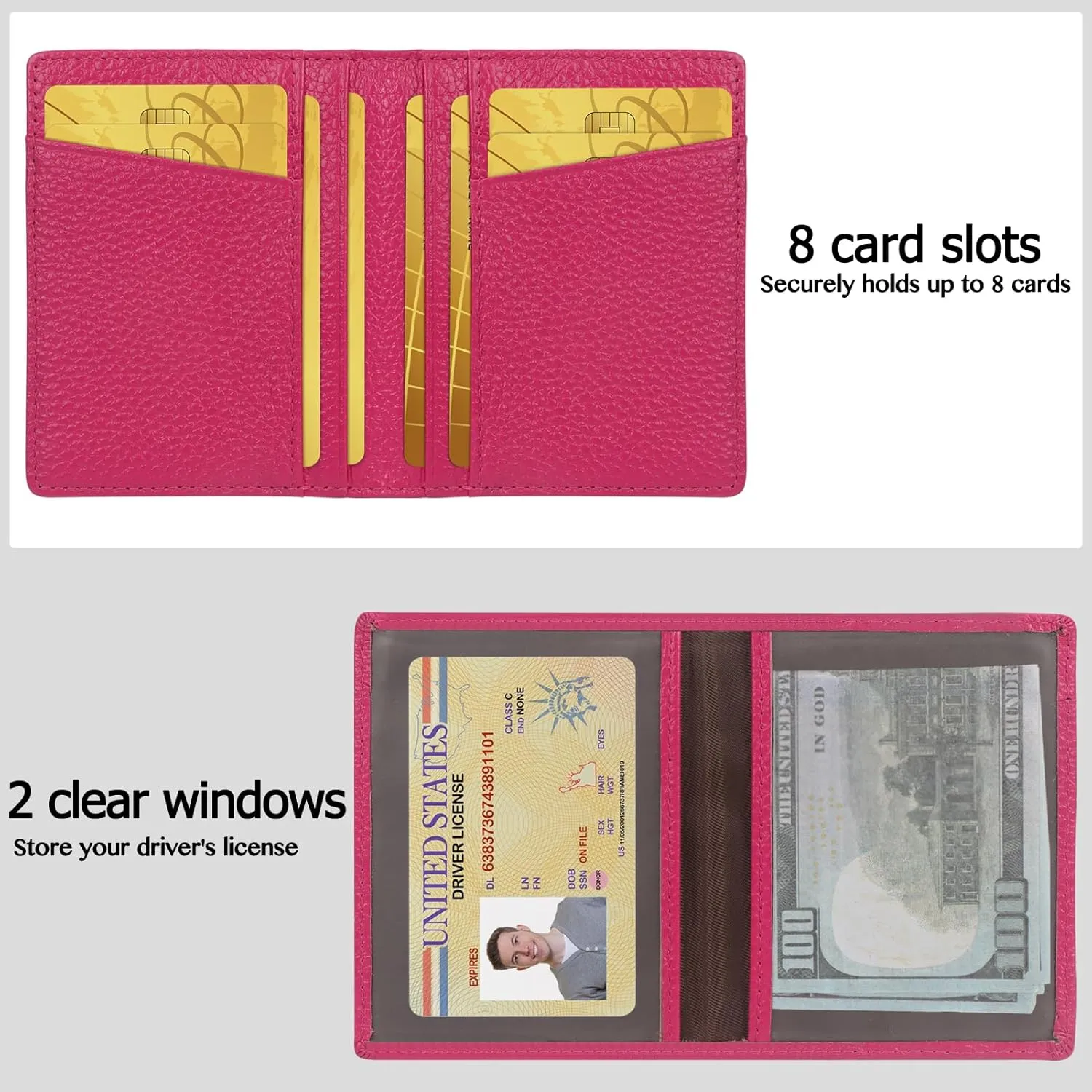 Unaone Slim Minimalist Wallet - Premium Leather RFID Blocking Front Pocket Wallets with 8 Card Slots and 2 ID Window, Rose Red