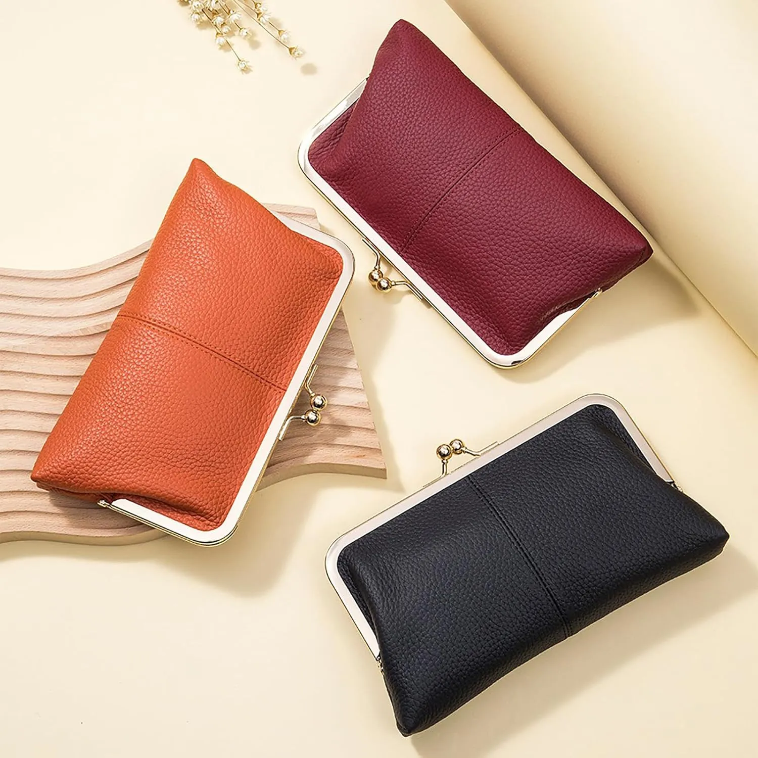 Vintage Kiss Lock Wallet for Women, Genuine Leather Multi-card Slots Card Holder Clutch Purse Travel Wallet (Wine Red)