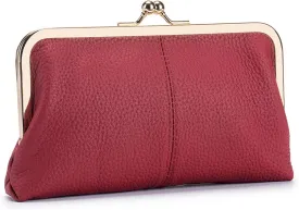 Vintage Kiss Lock Wallet for Women, Genuine Leather Multi-card Slots Card Holder Clutch Purse Travel Wallet (Wine Red)