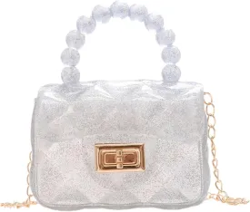 Women Girls Mini Jelly Purse Small Candy Color Jelly Crossbody Bag Cute Princess Shoulder Bag with Pearls Top Handle