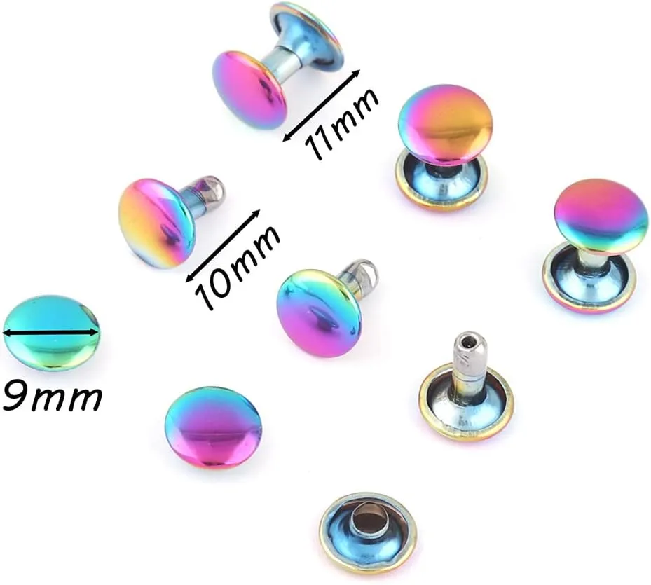 YEWIN Tubular Double Cap Rivets - 9mm Rainbow Metal Button Round Rapid Rivet,Rivet Studs for Purse Bags Handbags Shoes Belts Leather Craft Repair (Each Color 20 PCS)