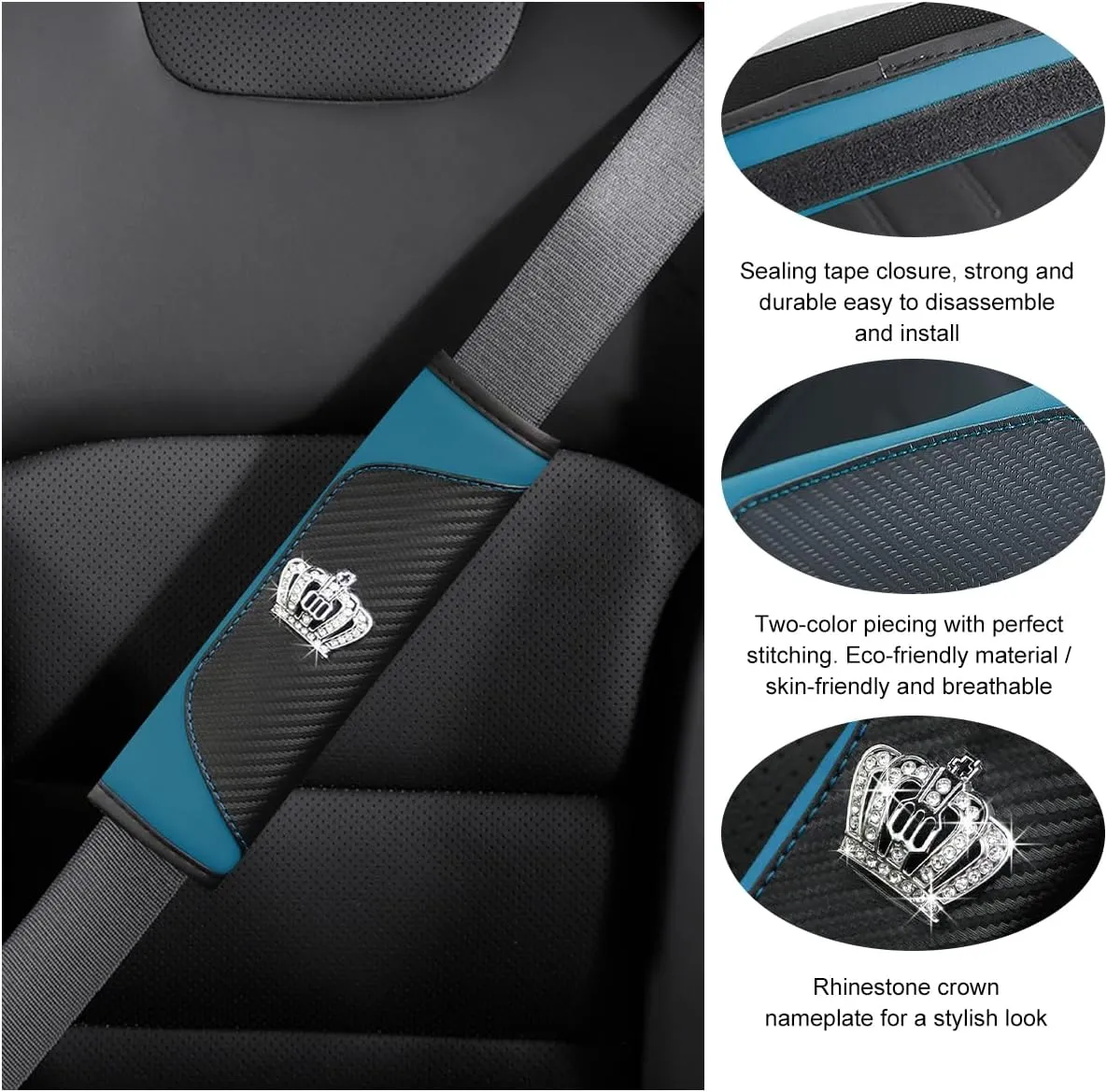 Ziciner 2 PCS Car Seat Belt Cover, Soft Leather Safety Belt Shoulder Strap Covers with Bling Rhinestone Crown, Breathable Harness Pad Protect Your Neck & Shoulder, Car Accessories (Black&Dark Green)